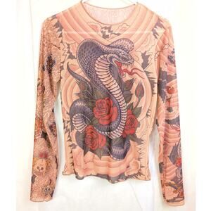 Vintage Miami ink sheer mesh tattoo top Size Medium Snake Skull Grunge Y2K Indie